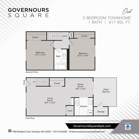 Floor plan for 2 beds, 1 bath, 917 sqft